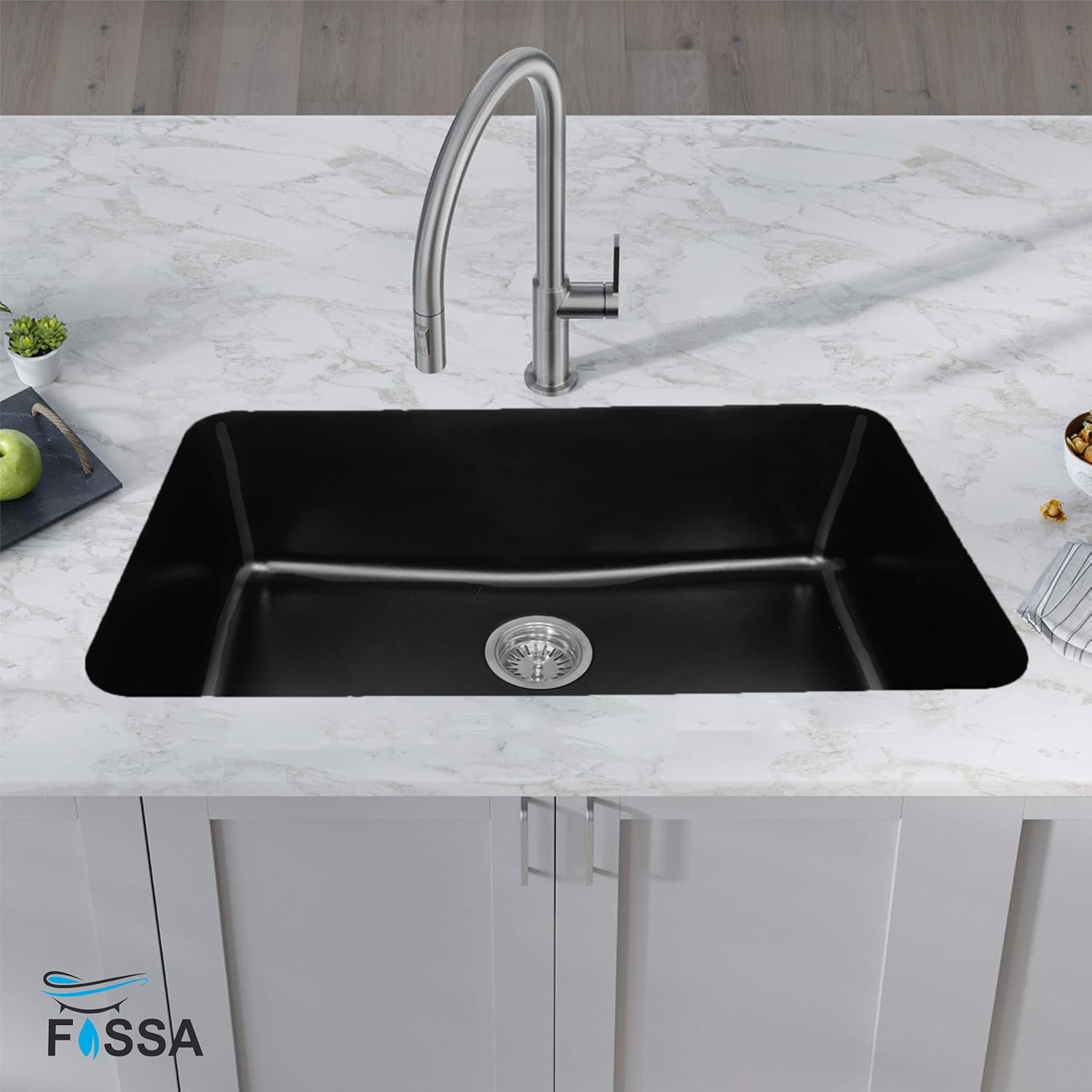 Fossa 31"x19" inch Granite Quartz Kitchen Sink Single Bowl Black with Basket, Coupling, Waste Pipe Quartz German Engineered Technology Kitchen Sink Easy - to - Clean Sink - Fossa Home