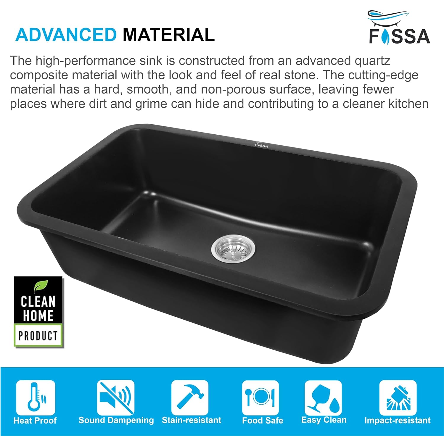 Fossa 31"x19" inch Granite Quartz Kitchen Sink Single Bowl Black with Basket, Coupling, Waste Pipe Quartz German Engineered Technology Kitchen Sink Easy - to - Clean Sink - Fossa Home