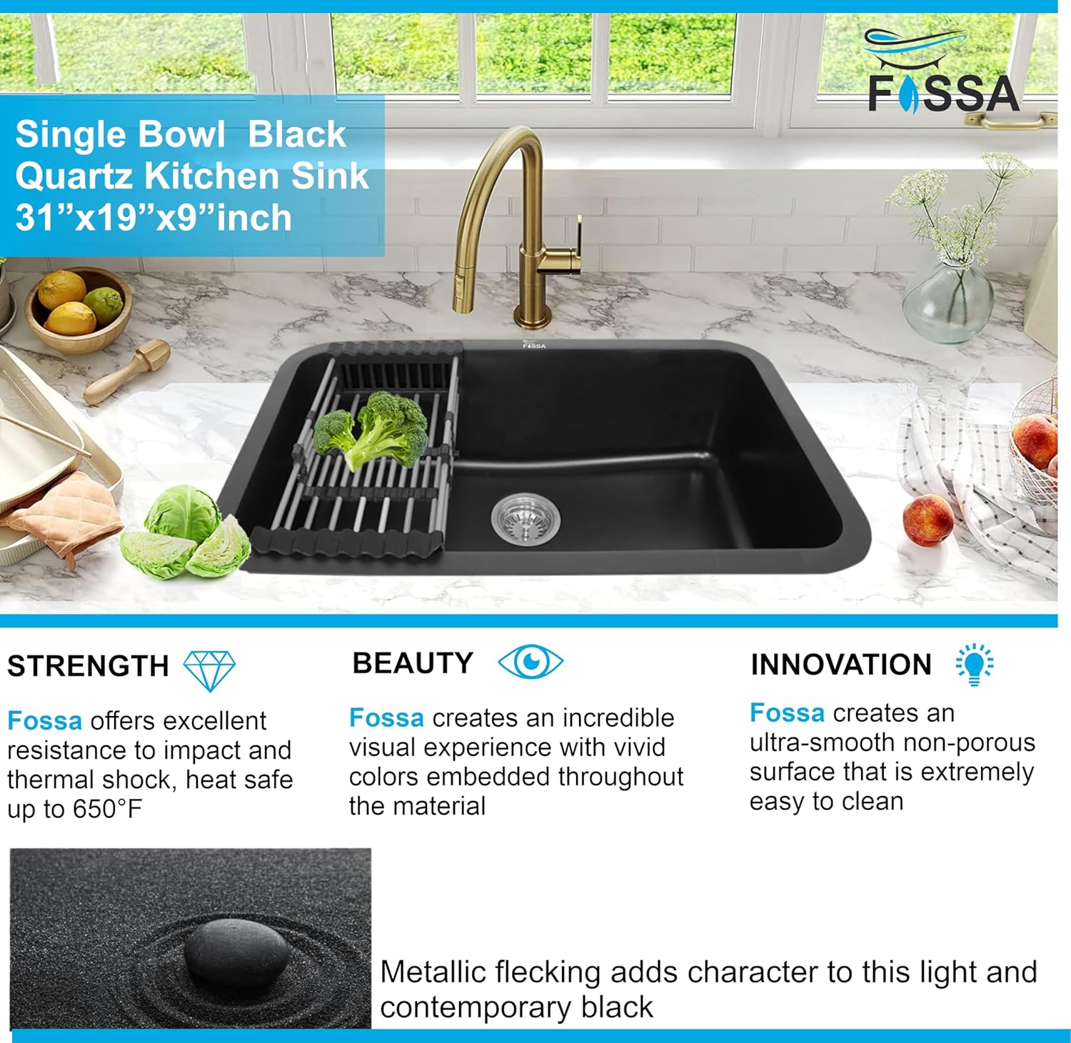 Fossa 31"x19" inch Granite Quartz Kitchen Sink Single Bowl Black with Basket, Coupling, Waste Pipe Quartz German Engineered Technology Kitchen Sink Easy - to - Clean Sink - Fossa Home