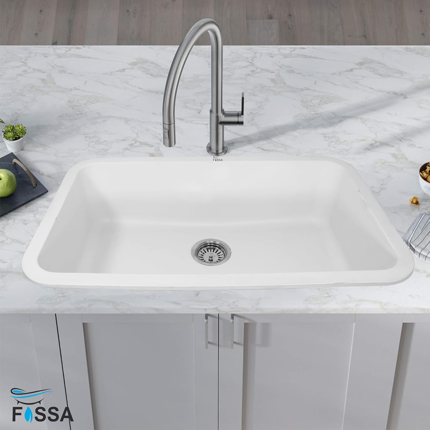 Fossa 31"x19"x09" Inch Granite Quartz Kitchen Sink Single Bowl with Basket, Coupling, Waste Pipe Quartz German Engineered Technology Kitchen Sink Easy - to - Clean Sink (White) - Fossa Home