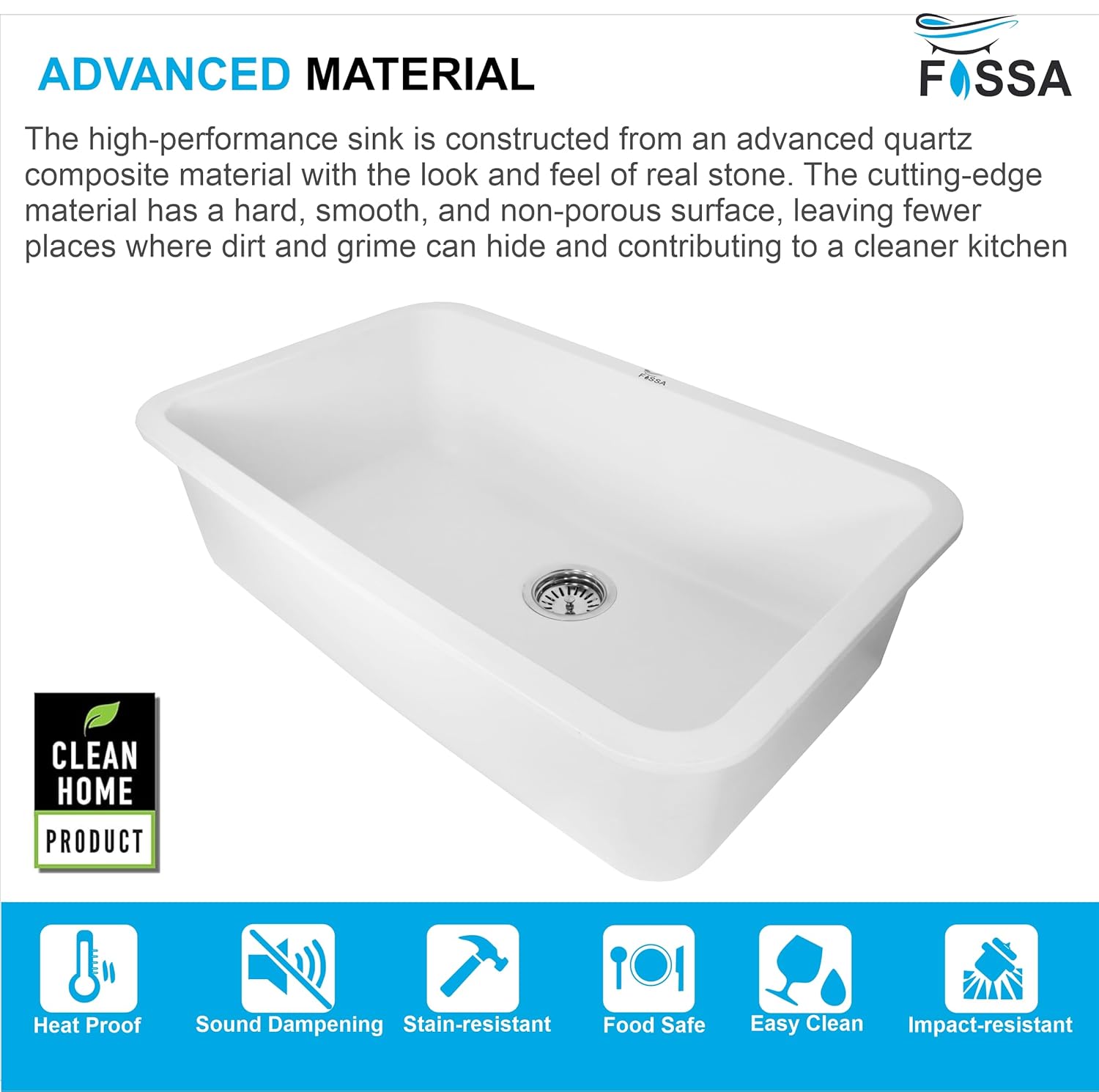 Fossa 31"x19"x09" Inch Granite Quartz Kitchen Sink Single Bowl with Basket, Coupling, Waste Pipe Quartz German Engineered Technology Kitchen Sink Easy - to - Clean Sink (White) - Fossa Home