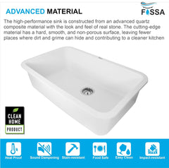 Fossa 31"x19"x09" Inch Granite Quartz Kitchen Sink Single Bowl with Basket, Coupling, Waste Pipe Quartz German Engineered Technology Kitchen Sink Easy - to - Clean Sink (White) - Fossa Home