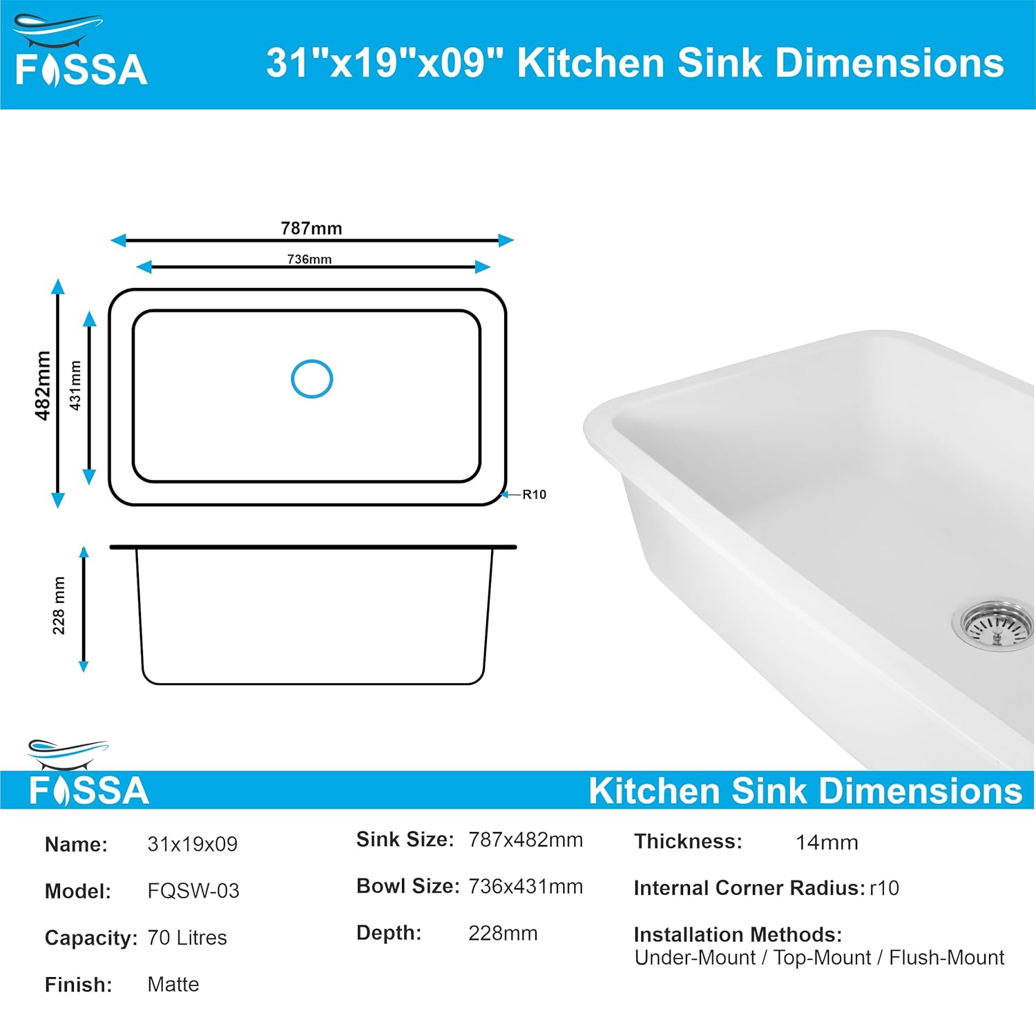 Fossa 31"x19"x09" Inch Granite Quartz Kitchen Sink Single Bowl with Basket, Coupling, Waste Pipe Quartz German Engineered Technology Kitchen Sink Easy - to - Clean Sink (White) - Fossa Home