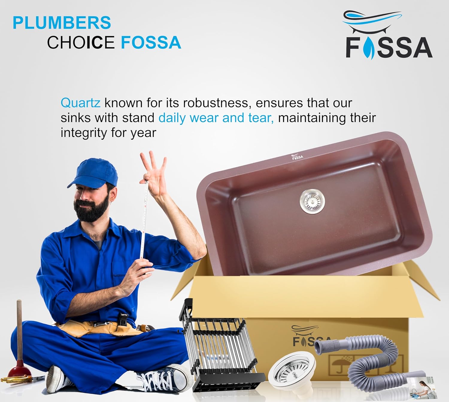 Fossa 31"x19"x09" Inch Granite Quartz Kitchen Sink Single Bowl with Basket, Coupling, Waste Pipe Quartz German Engineered Technology Kitchen Sink Easy - to - Clean Sink (Choco Brown) - Fossa Home