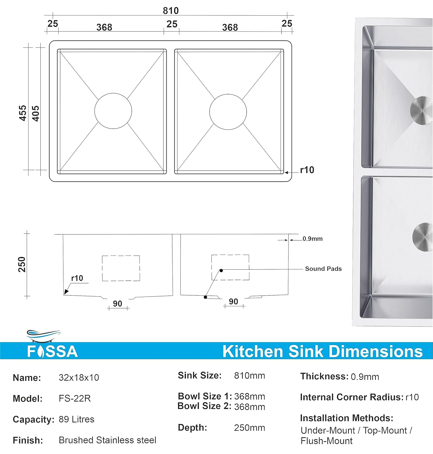 Fossa 32"x18"x10" Double Bowl Premium Stainless Steel Handmade Kitchen Sink Round Coupling Matte Finish FS - 022R - Fossa Home