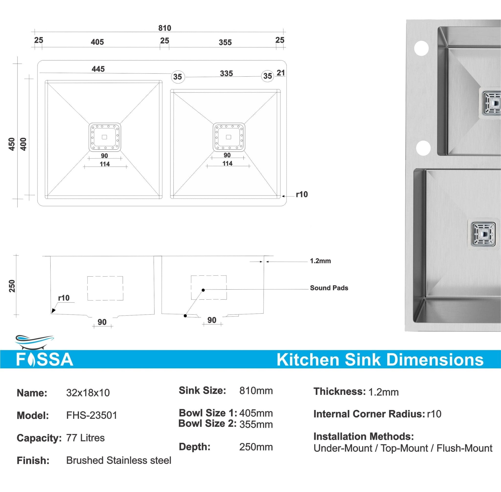 Fossa 32"x18"x10" Double Bowl with Single Tap Hole SS - 304 Grade Handmade Kitchen Sink Silver - Fossa Home