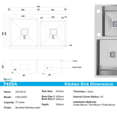 Fossa 32"x18"x10" Double Bowl with Single Tap Hole SS - 304 Grade Handmade Kitchen Sink Silver - Fossa Home