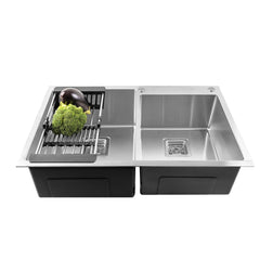 Fossa 32"x18"x10" Double Bowl with Single Tap Hole SS - 304 Grade Handmade Kitchen Sink Silver - Fossa Home