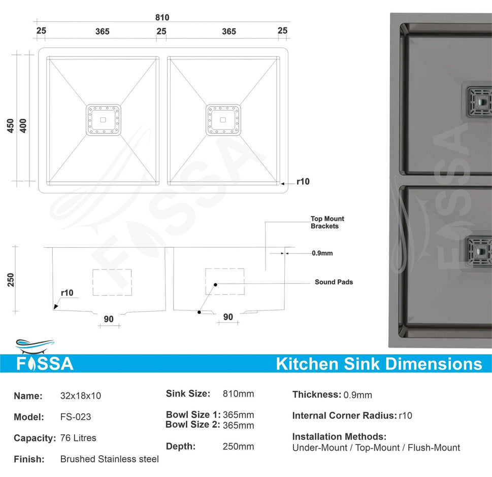 Fossa 32"x18"x10" Inch Double Bowl Premium Stainless Steel Handmade Kitchen Sink Black - Fossa Home