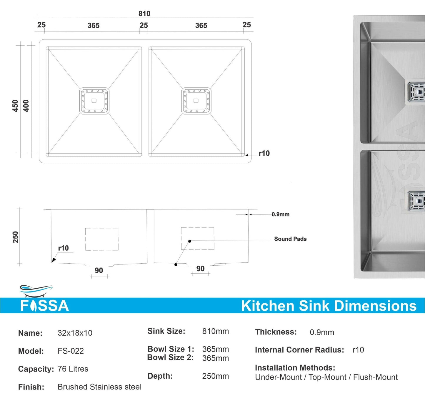 Fossa 32"x18"x10" Inch Double Bowl Premium Stainless Steel Handmade Kitchen Sink Silver - Fossa Home