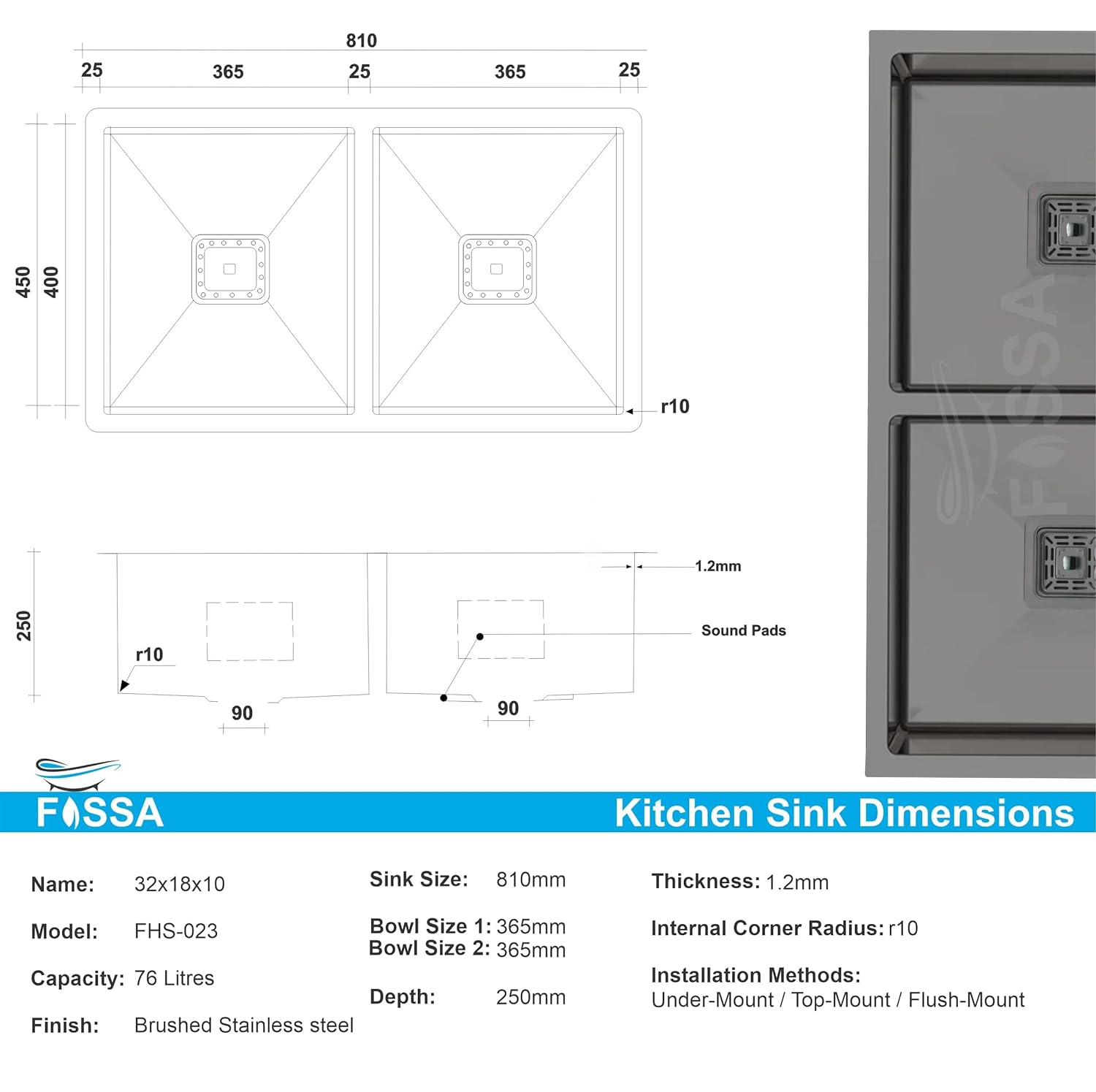 Fossa 32"x18"x10" Inch Double Bowl SS - 304 Grade Stainless Steel Handmade Kitchen Sink Black - Fossa Home