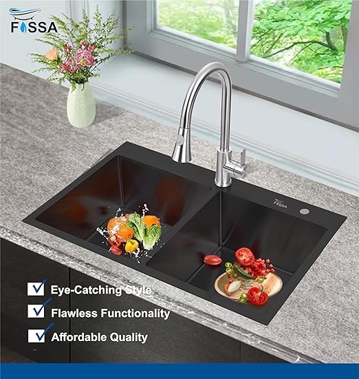 Fossa 32"x18"x10" Inch Double Bowl Tap Hole With Soap Dispenser Premium Stainless steel Handmade Kitchen Sink ( Black ) - Fossa Home