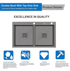 Fossa 32"x18"x10" Inch Double Bowl Tap Hole With Soap Dispenser Premium Stainless steel Handmade Kitchen Sink ( Black ) - Fossa Home