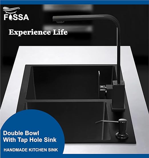 Fossa 32"x18"x10" Inch Double Bowl Tap Hole With Soap Dispenser Stainless steel Handmade Kitchen Sink ( Black ) - Fossa Home