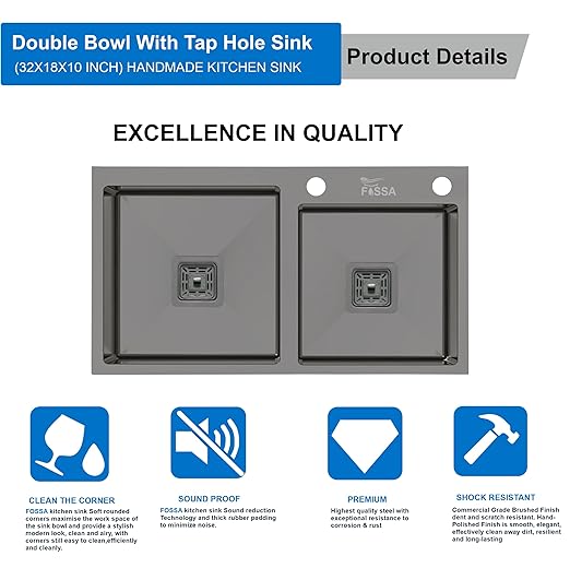 Fossa 32"x18"x10" Inch Double Bowl Tap Hole With Soap Dispenser Stainless steel Handmade Kitchen Sink ( Black ) - Fossa Home