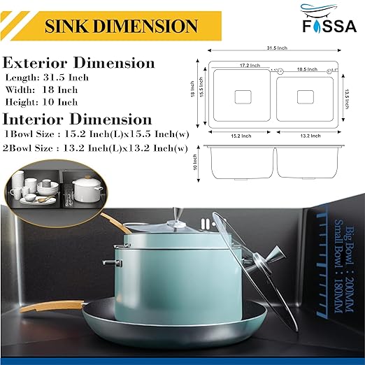 Fossa 32"x18"x10" Inch Double Bowl Tap Hole With Soap Dispenser Stainless steel Handmade Kitchen Sink ( Black ) - Fossa Home