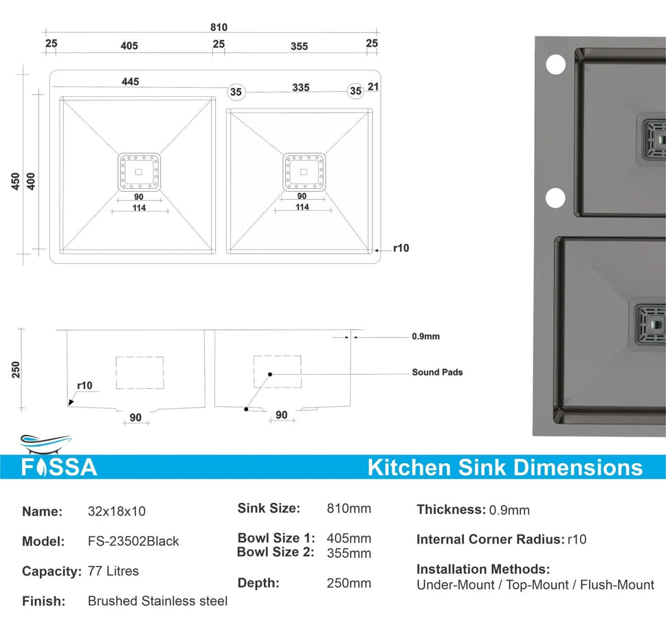 Fossa 32"x18"x10" Inch Double Bowl with Single Tap Hole Premium Handmade Kitchen Sink Black - Fossa Home