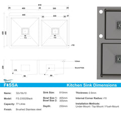 Fossa 32"x18"x10" Inch Double Bowl with Single Tap Hole Premium Handmade Kitchen Sink Black - Fossa Home