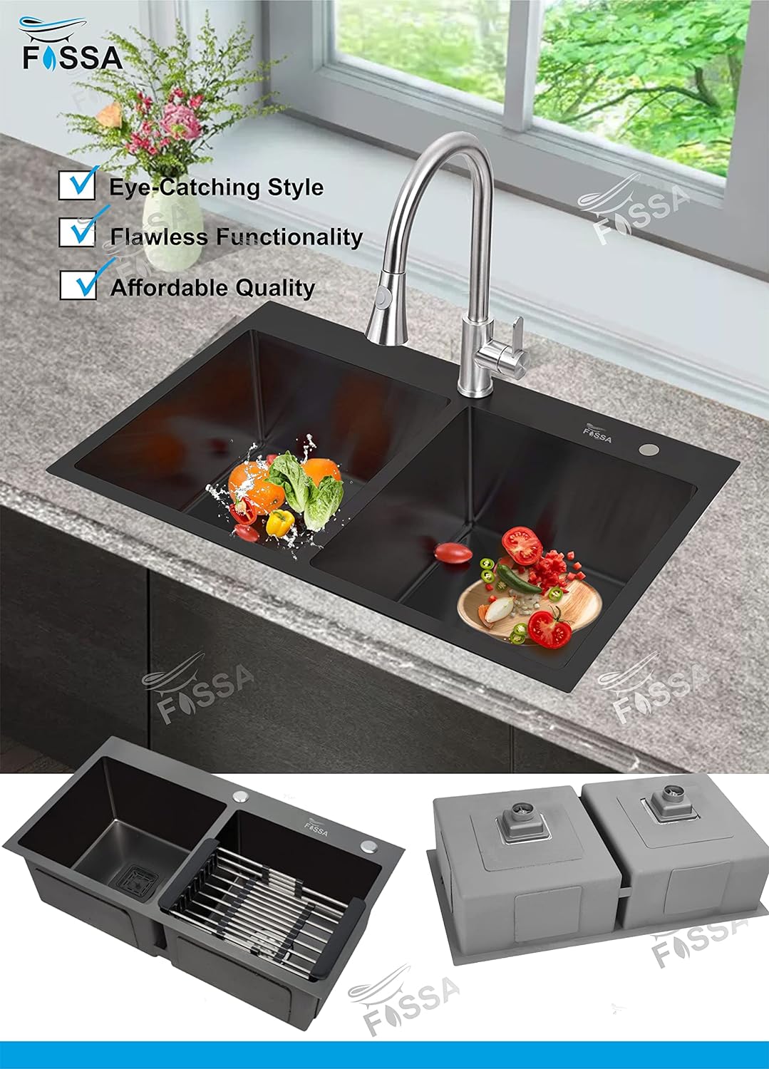 Fossa 32"x18"x10" Inch Double Bowl with Single Tap Hole SS - 304 Grade Handmade Kitchen Sink Black - Fossa Home