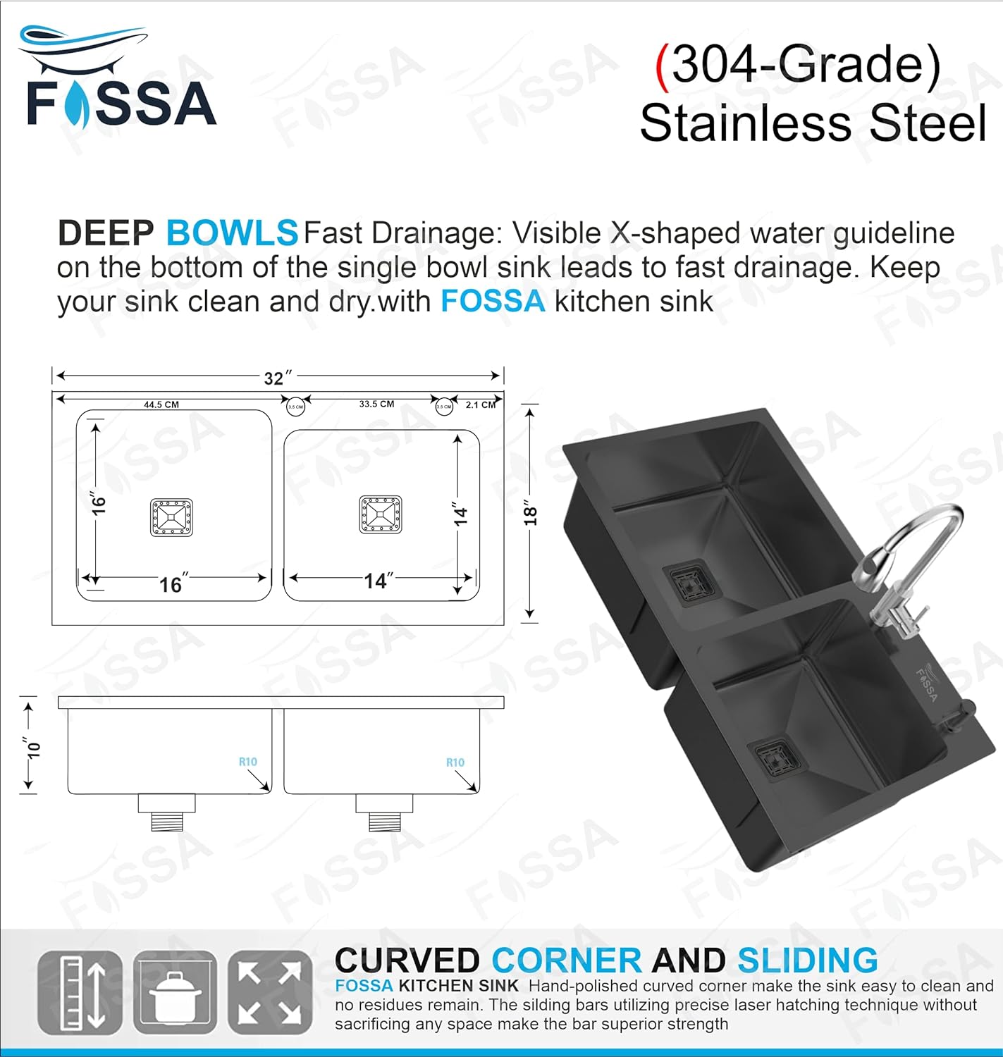 Fossa 32"x18"x10" Inch Double Bowl with Single Tap Hole SS - 304 Grade Handmade Kitchen Sink Black - Fossa Home