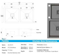 Fossa 32"x18"x10" Inch Double Bowl With Tap Hole Premium Handmade Kitchen Sink Black - Fossa Home