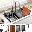 Fossa 32"x18"x10" inch Single Bowl Premium Waterfall Kitchen Sink Honeycomb Embossed Sink with White Nano Coating, Stainless Steel, Rectangular Workstation, Faucet With All Accessories. - Fossa Home