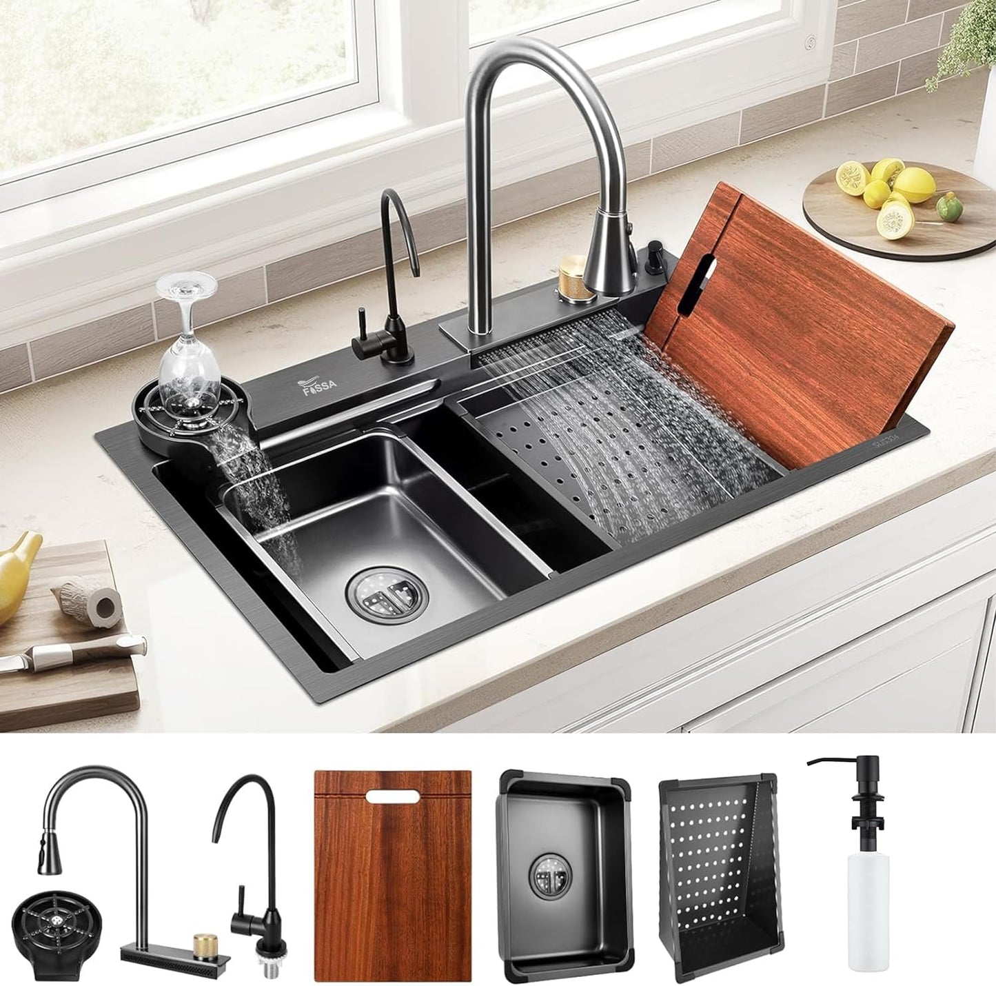 Fossa 32"x18"x10" inch Single Bowl Premium Waterfall Kitchen Sink Honeycomb Embossed Sink with White Nano Coating, Stainless Steel, Rectangular Workstation, Faucet With All Accessories. - Fossa Home