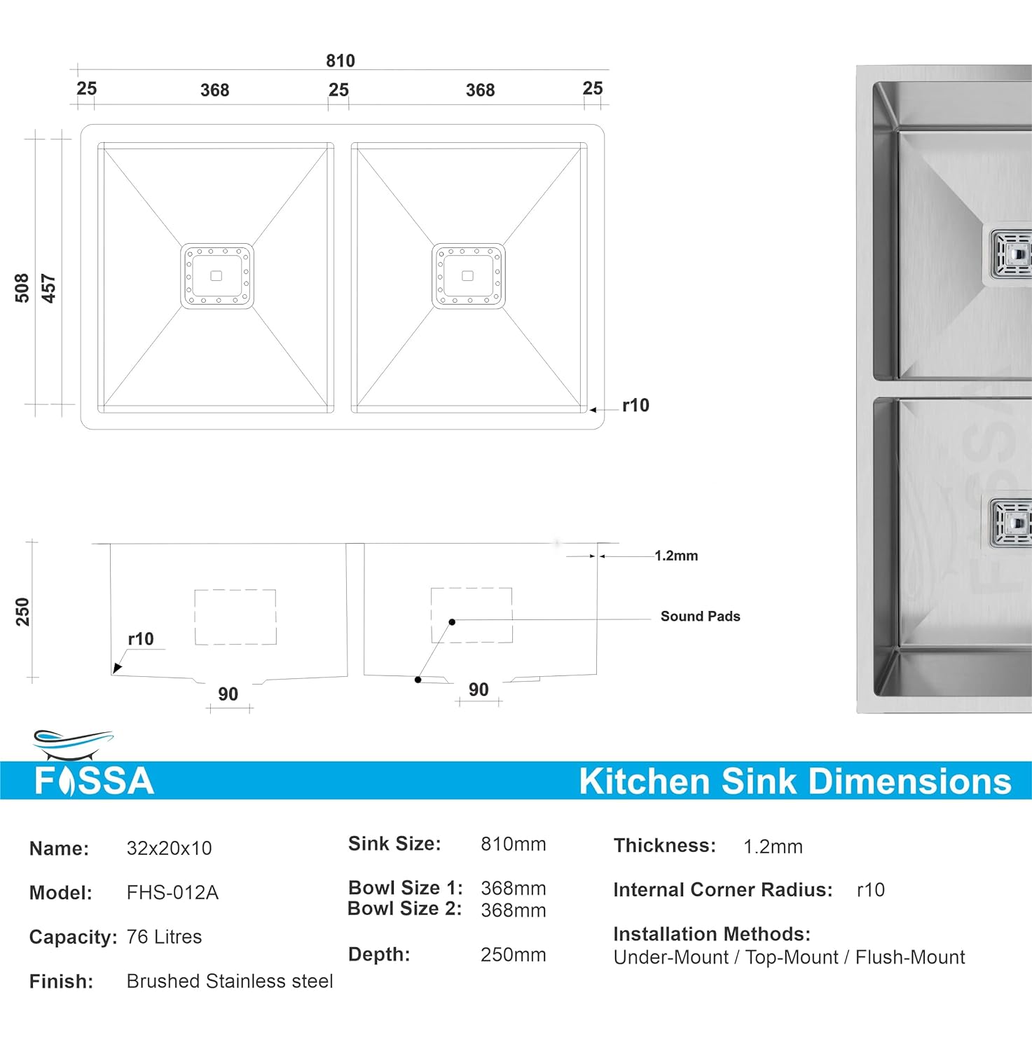 Fossa 32"x20"x10" Inch Double Bowl SS - 304 Grade Stainless Steel Handmade Kitchen Sink Silver - Fossa Home