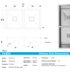 Fossa 32"x20"x10" Inch Double Bowl SS - 304 Grade Stainless Steel Handmade Kitchen Sink Silver - Fossa Home