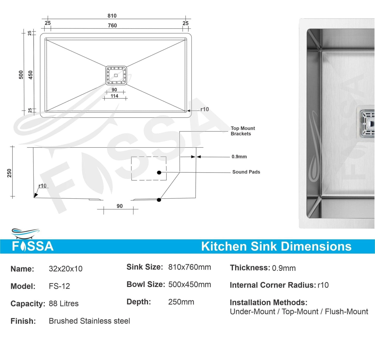 Fossa 32"x20"x10" Inch Single Bowl Premium Stainless Steel Handmade Kitchen Sink Silver - Fossa Home