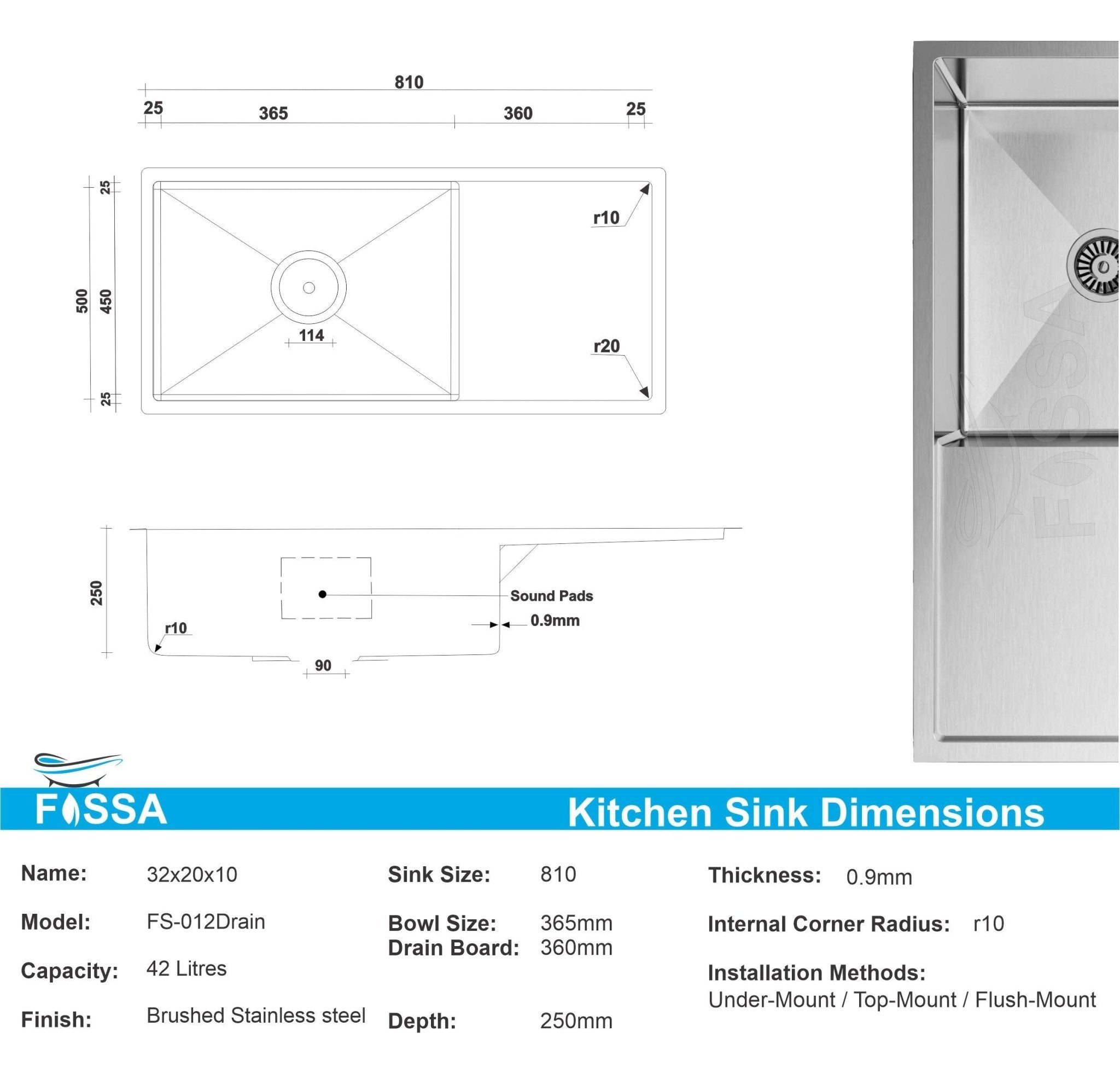 Fossa 32"x20"x10" Inch Single Bowl With Drain Board Premium Handmade Kitchen Sink ( Round Coupling ) Silver - Fossa Home