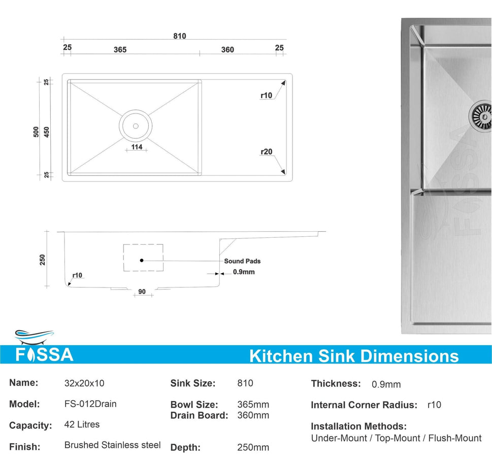 Fossa 32"x20"x10" Inch Single Bowl With Drain Board Premium Handmade Kitchen Sink ( Round Coupling ) Silver - Fossa Home