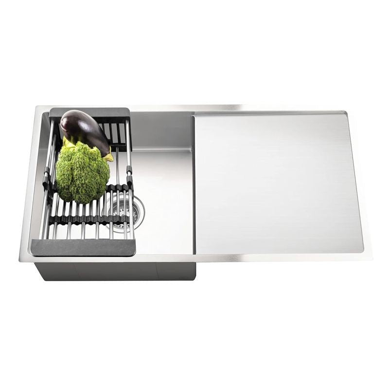 Fossa 32"x20"x10" Inch Single Bowl With Drain Board SS - 304 Grade Handmade Kitchen Sink ( Round Coupling ) Silver - Fossa Home