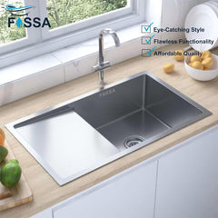 Fossa 32"x20"x10" Inch Single Bowl With Drain Board SS - 304 Grade Handmade Kitchen Sink ( Round Coupling ) Silver - Fossa Home