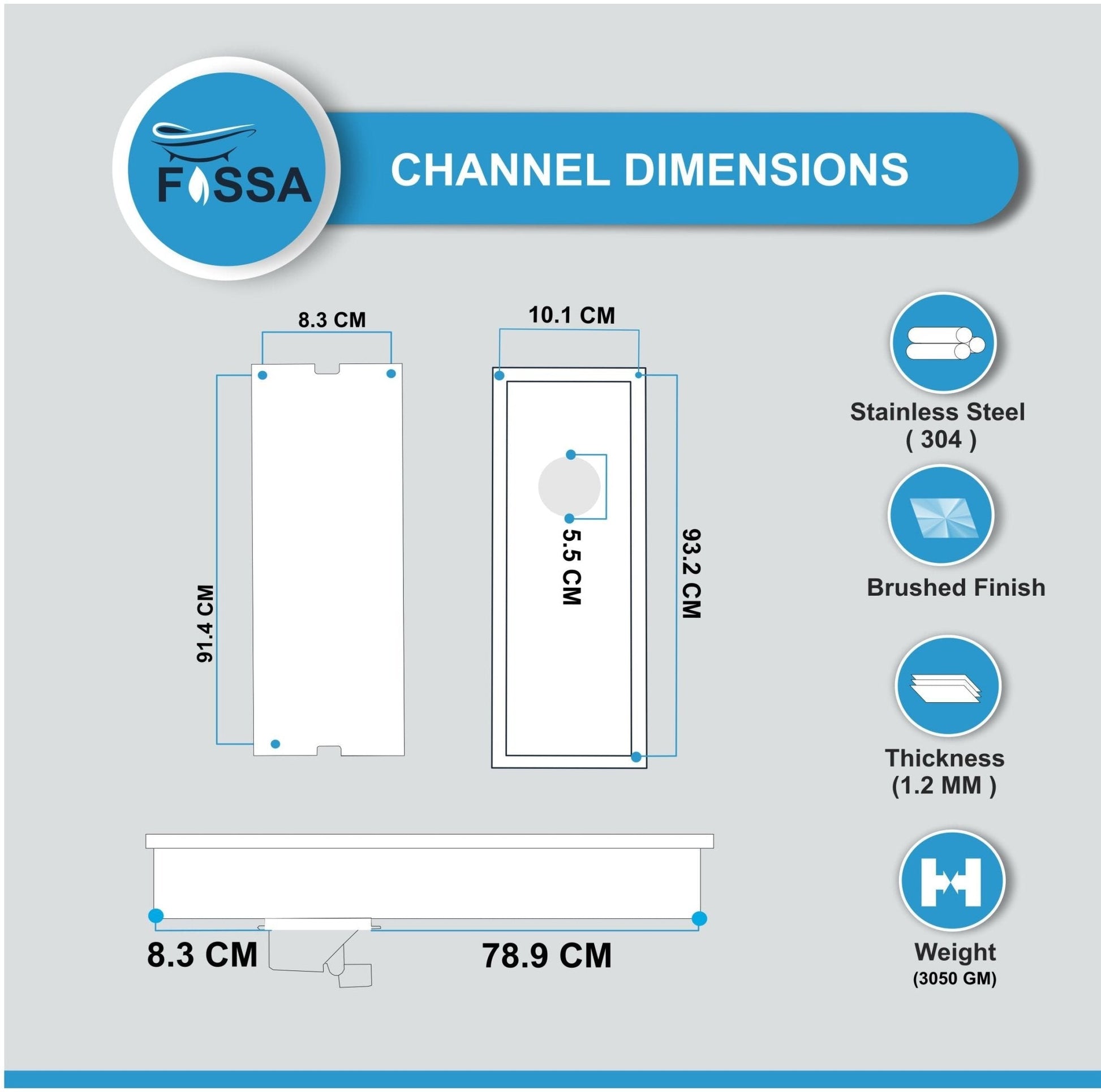 Fossa 36"x4" Shower Marble Tile Brushed Drain Side Hole Rectangular Floor Drain - Fossa Home