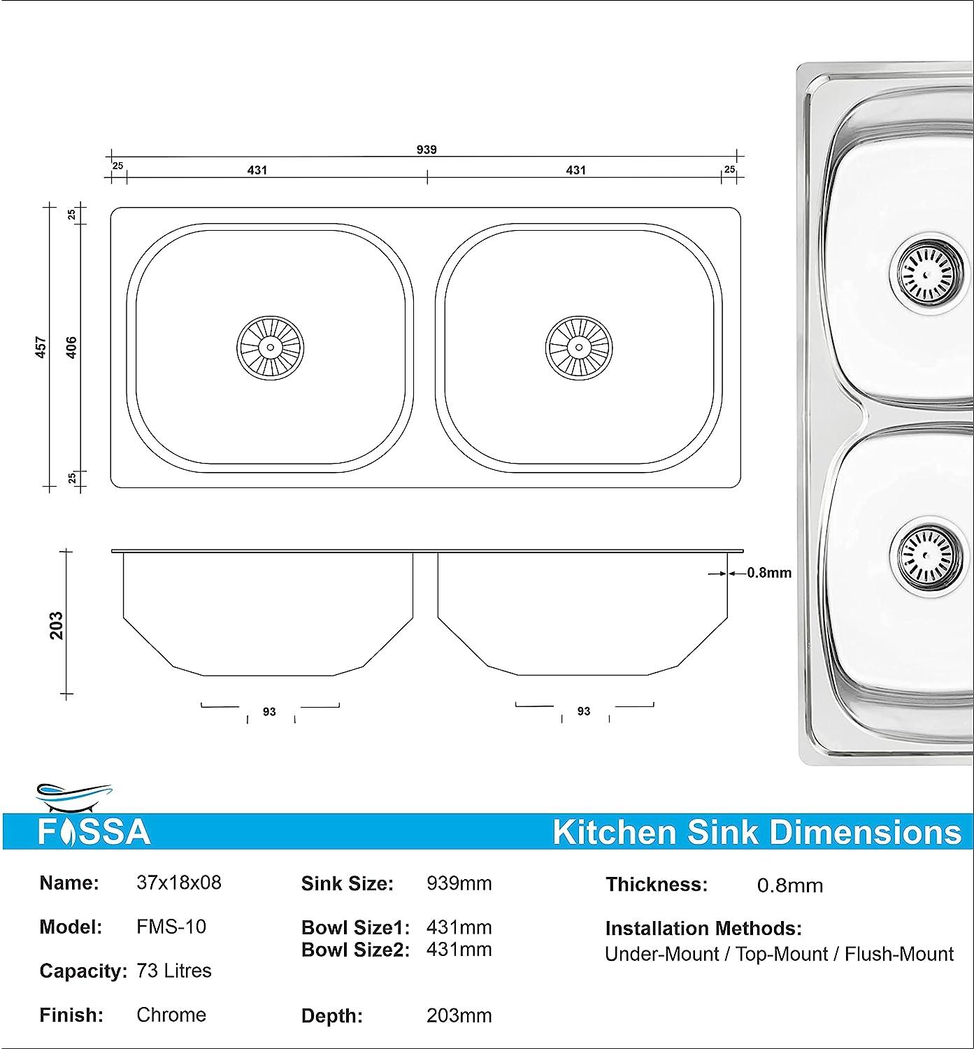 Fossa 37"x18"x10" inch Double Bowl 304 Grade Stainless Steel Kitchen Sink With SS Coupling Glossy Finish - Fossa Home