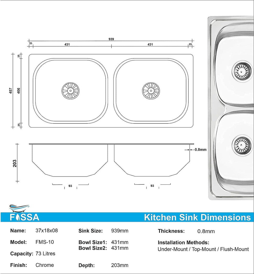 Fossa 37"x18"x10" inch Double Bowl 304 Grade Stainless Steel Kitchen Sink With SS Coupling Glossy Finish - Fossa Home