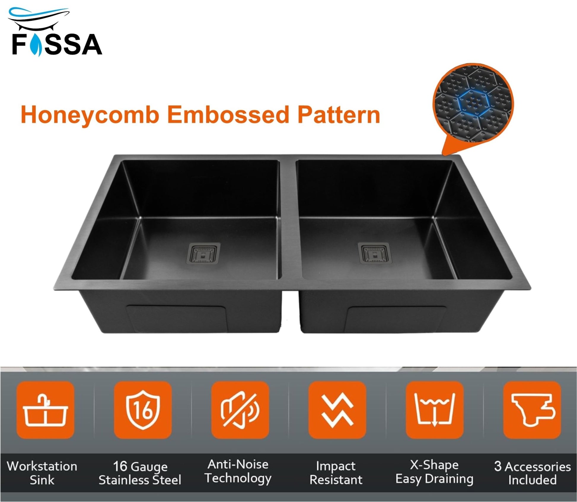 Fossa 37"x18"x10" Inch Double Bowl Honeycomb Embossed Kitchen Sink with Nano Coating (Black ) - Fossa Home