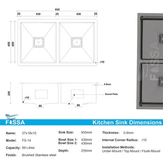 FOSSA 37"x18"x10" Inch Double Bowl Premium Stainless Steel Handmade Kitchen Sink Black - Fossa Home