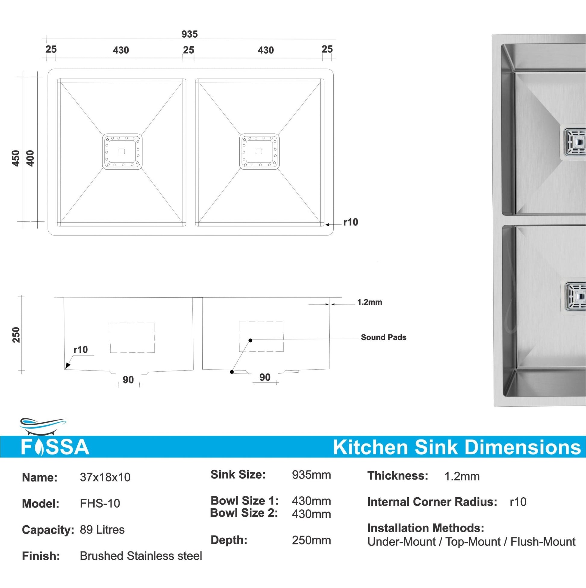 Fossa 37"x18"x10" Inch Double Bowl SS - 304 Grade Handmade kitchen Sink Stainless Steel Silver - Fossa Home