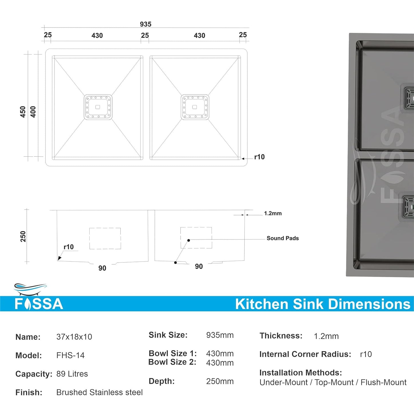 FOSSA 37"x18"x10" Inch Double Bowl SS - 304 Grade Stainless Steel Handmade Kitchen Sink Black - Fossa Home