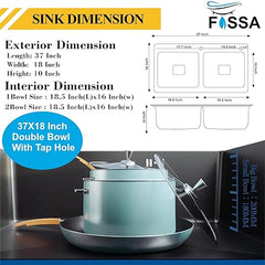 Fossa 37"x18"x10" Inch Double Bowl Tap Hole With Soap Dispenser Stainless steel Handmade Kitchen Sink ( Black ) - Fossa Home