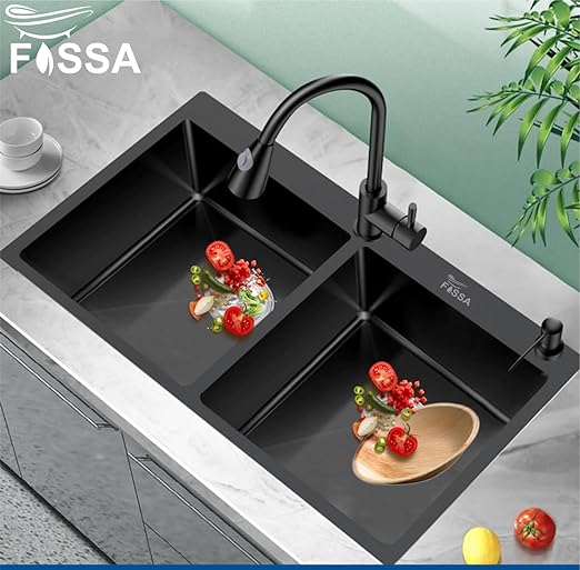 Fossa 37"x18"x10" Inch Double Bowl Tap Hole With Soap Dispenser Stainless steel Handmade Kitchen Sink ( Black ) - Fossa Home