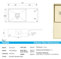 Fossa 37"x18"x10" Inch Single Bowl With Drain Board 304 Grade Handmade Kitchen Sink Gold - Fossa Home