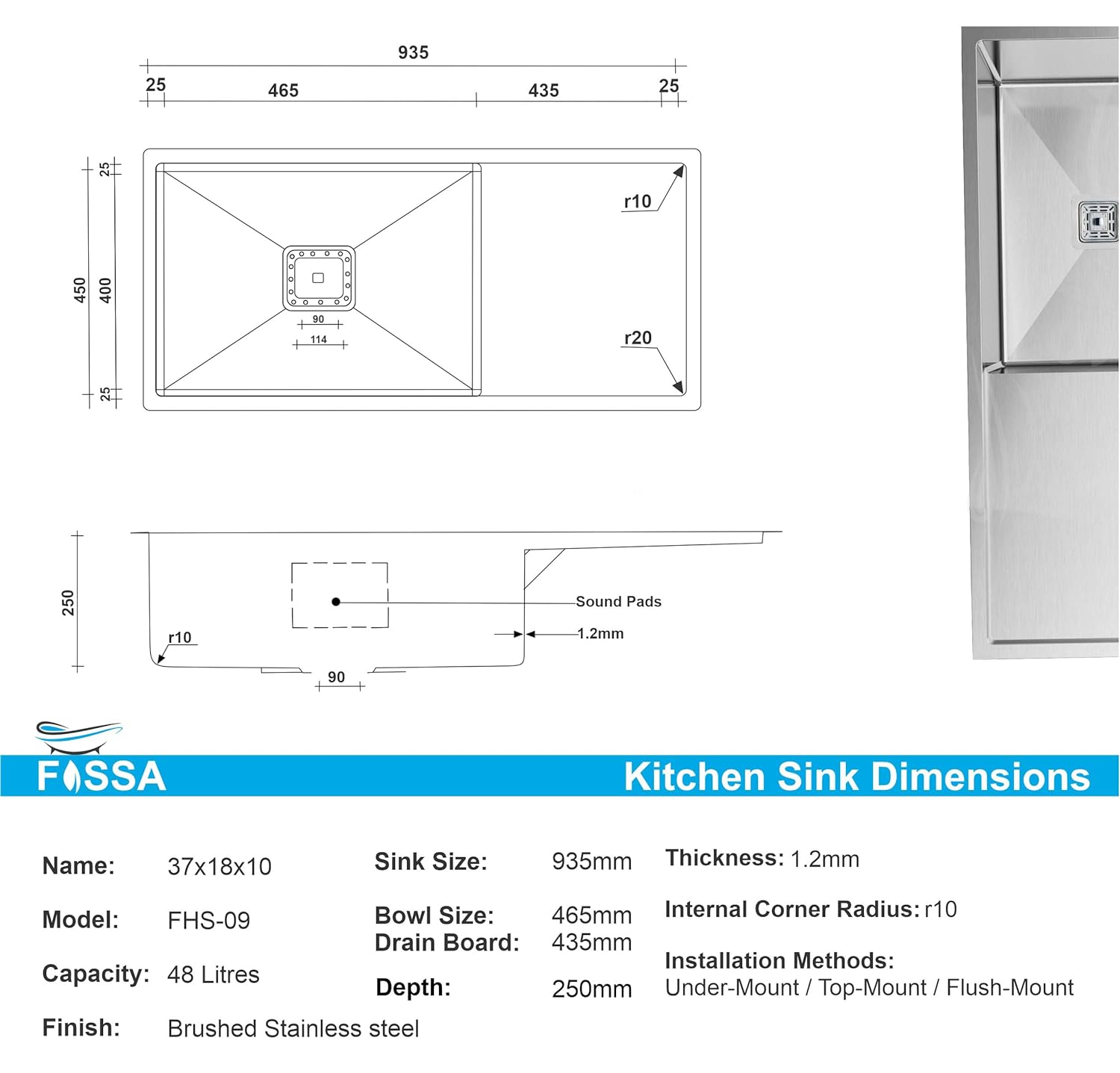 FOSSA 37"x18"x10" Inch Single Bowl With Drain Board 304 Grade Handmade Kitchen Sink Silver - Fossa Home