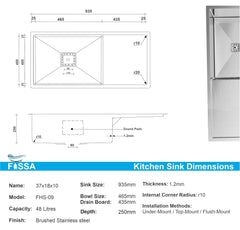 FOSSA 37"x18"x10" Inch Single Bowl With Drain Board 304 Grade Handmade Kitchen Sink Silver - Fossa Home