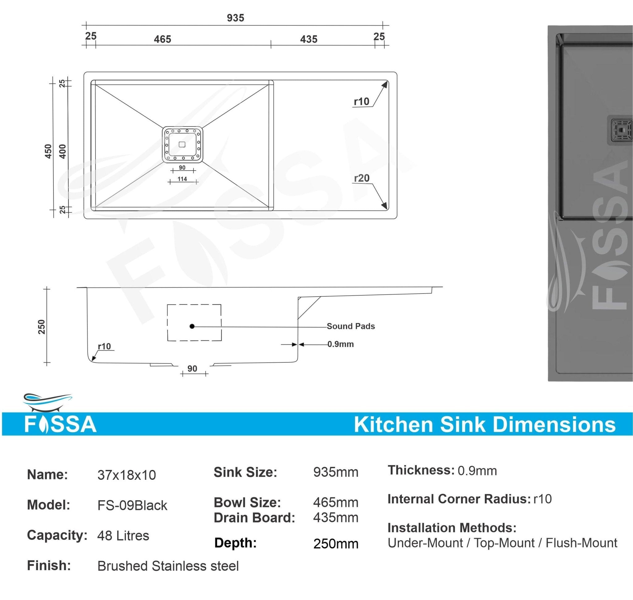 Fossa 37"x18"x10" Inch Single Bowl With Drain Board Premium Handmade Kitchen Sink Black - Fossa Home