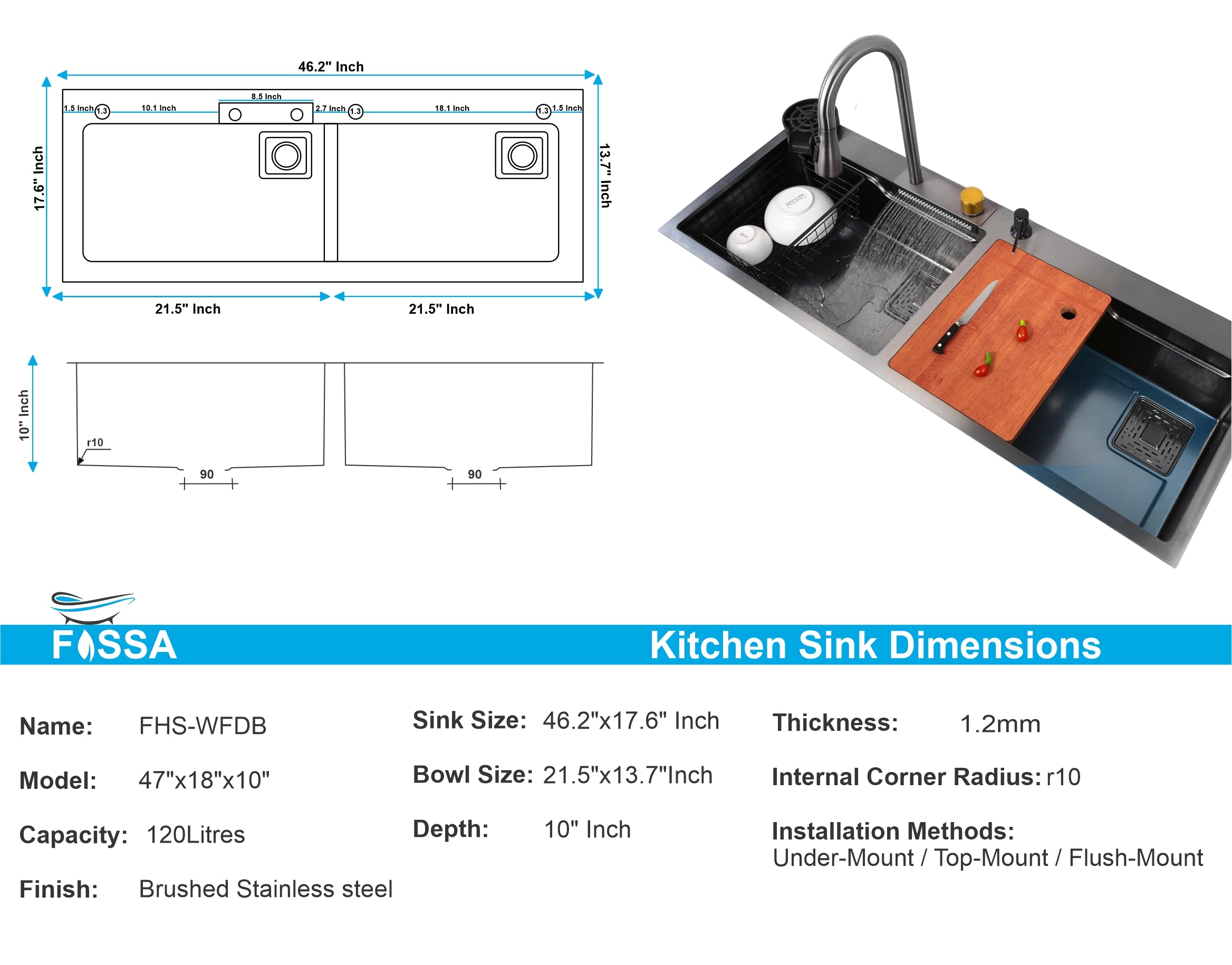 fossa 47"x18" single bowl kitchen sink 