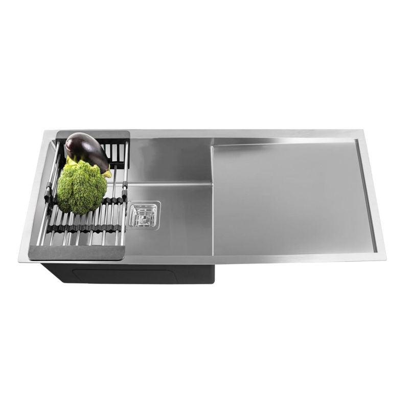Fossa 42"x20"x10" Inch Single Bowl With Drain Board SS-304 Grade Stainless Steel Kitchen Sink Matte Finish Silver