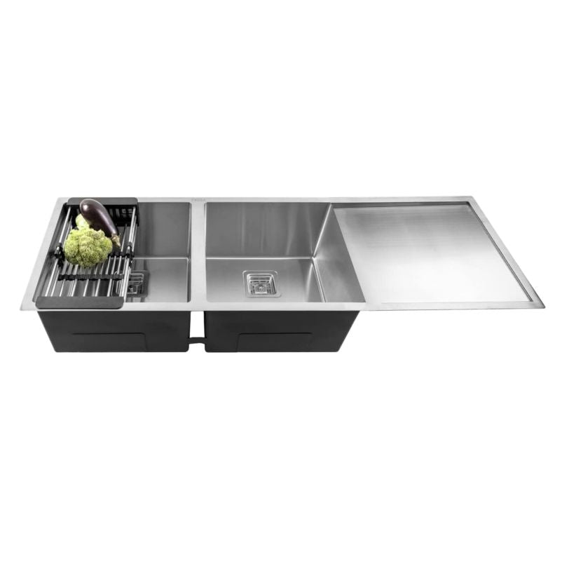 Fossa 45"x20"x10" Inch Double Bowl With Drain Board SS-304 Grade  Stainless Steel Handmade Kitchen Sink Matte Finish Silver